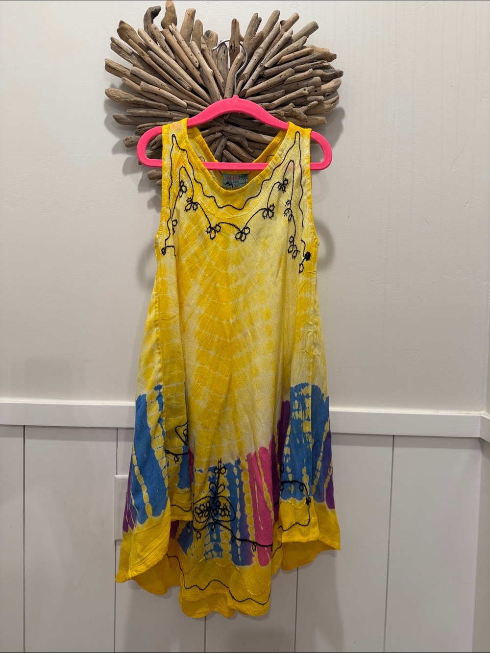 Expressions Yellow Tie-Dye Sundress with Blue and Pink Accents
